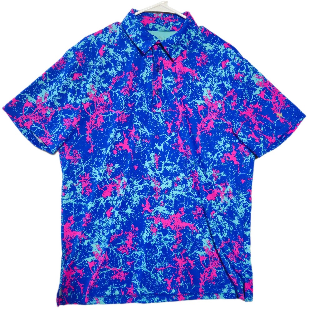 Birdie Bound Golf Polo Mens Large Blue Pink Splatter Print AOP Performance Shirt